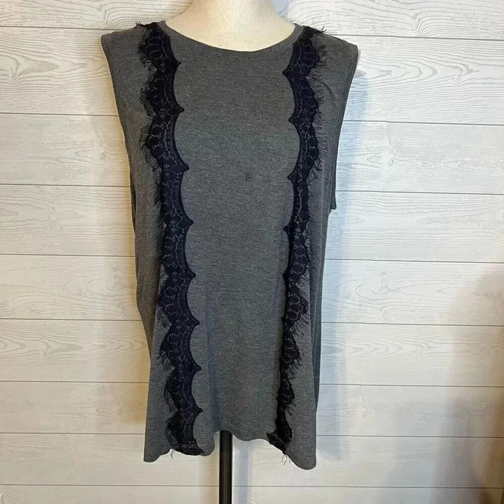 LOFT heather gray tank top with black eyelash lace Size XL